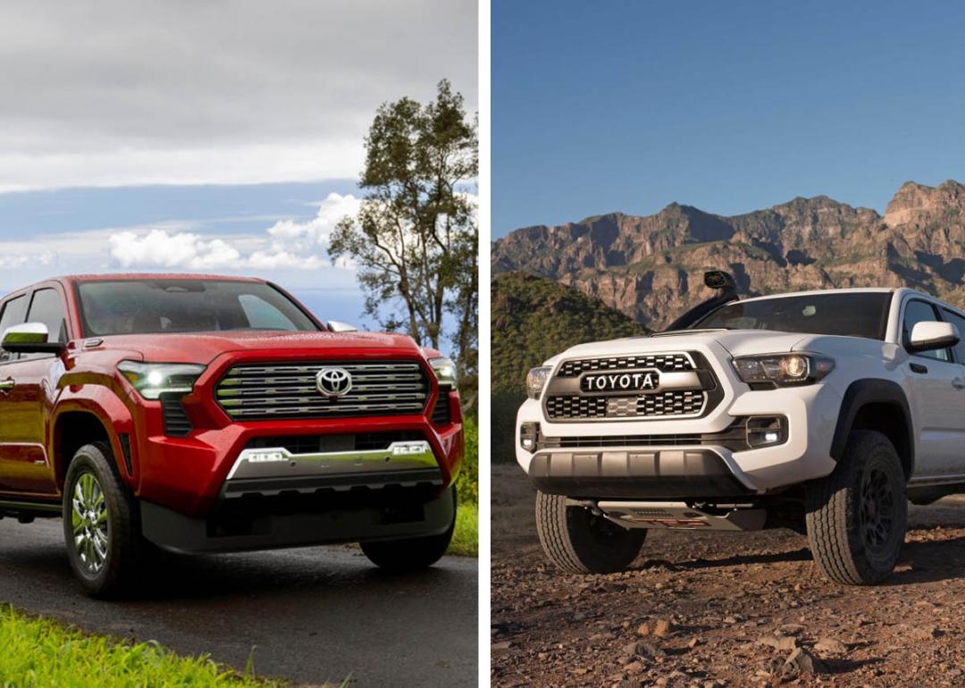 Composite photo featuring front view of two trucks, with a red 2026 Toyota Tacoma on the left (4th generation) and a white 2019 Toyota Tacoma on the right (3rd generation).