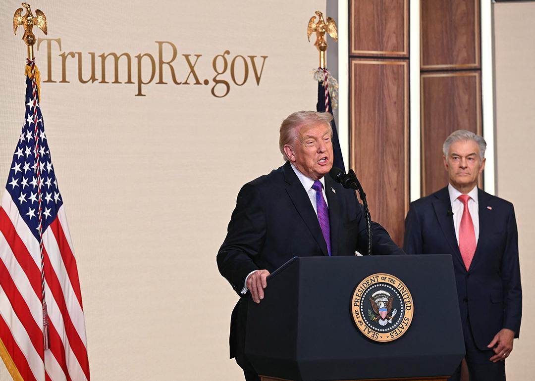 US President Donald Trump speaks about TrumpRx website as the Administrator for the Centers for Medicare & Medicaid Services Mehmet Oz listens, in the South Court Auditorium of the White House in Washington, DC, on February 5, 2026.
