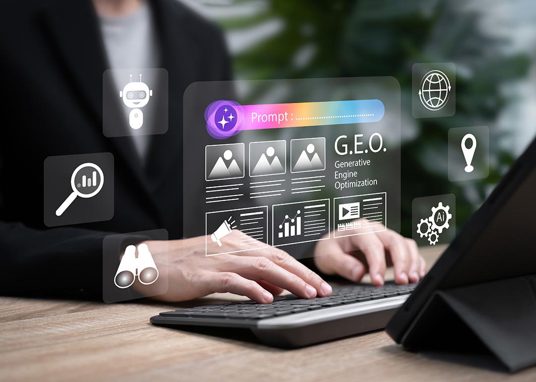 A business person working on a generative engine optimization (GEO) dashboard using AI technology.