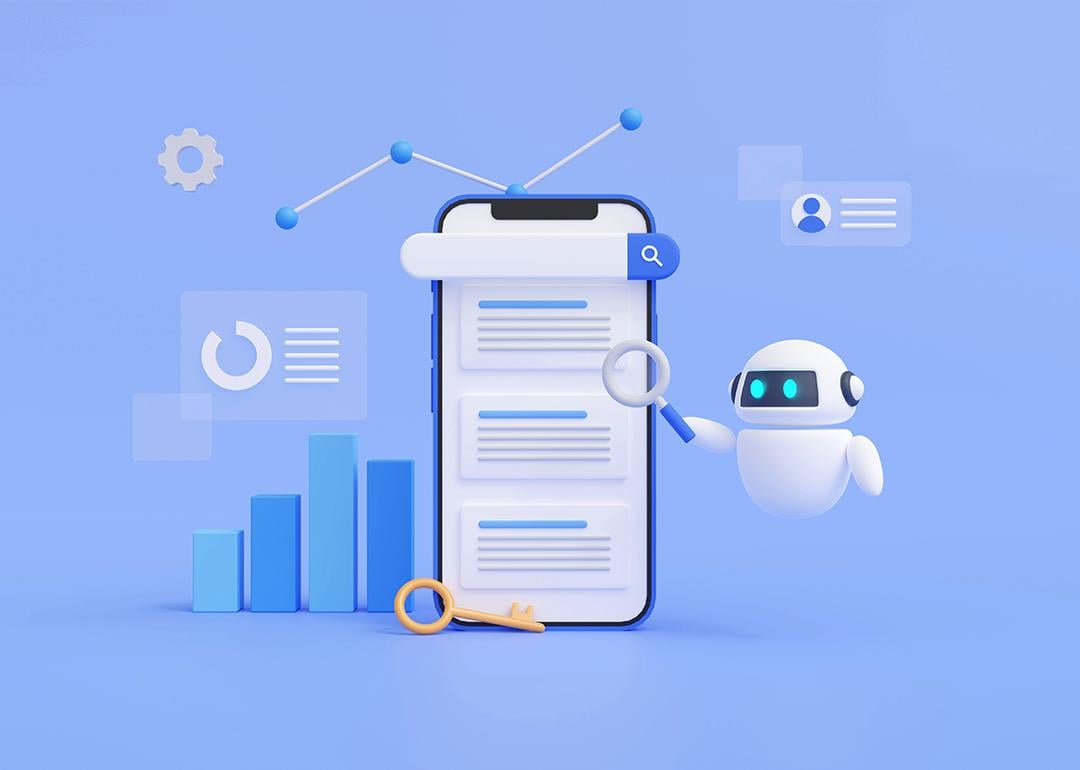 3D concept illustration showing AI bots optimizing searching on a phone.