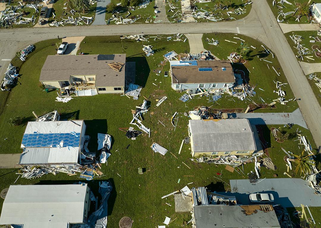 Aerial view of a residential area heavily damaged by hurricane Ian in Florida.