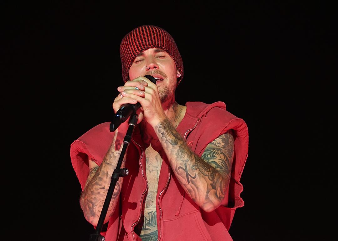 Justin Bieber performing at the Coachella stage during the 2026 Coachella Valley Music and Arts Festival in Indio, California, USA.