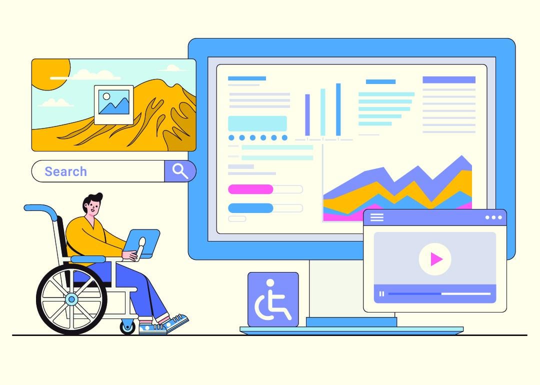 A concept illustration of a person using assistive technology as part of digital accessibility and inclusivity.