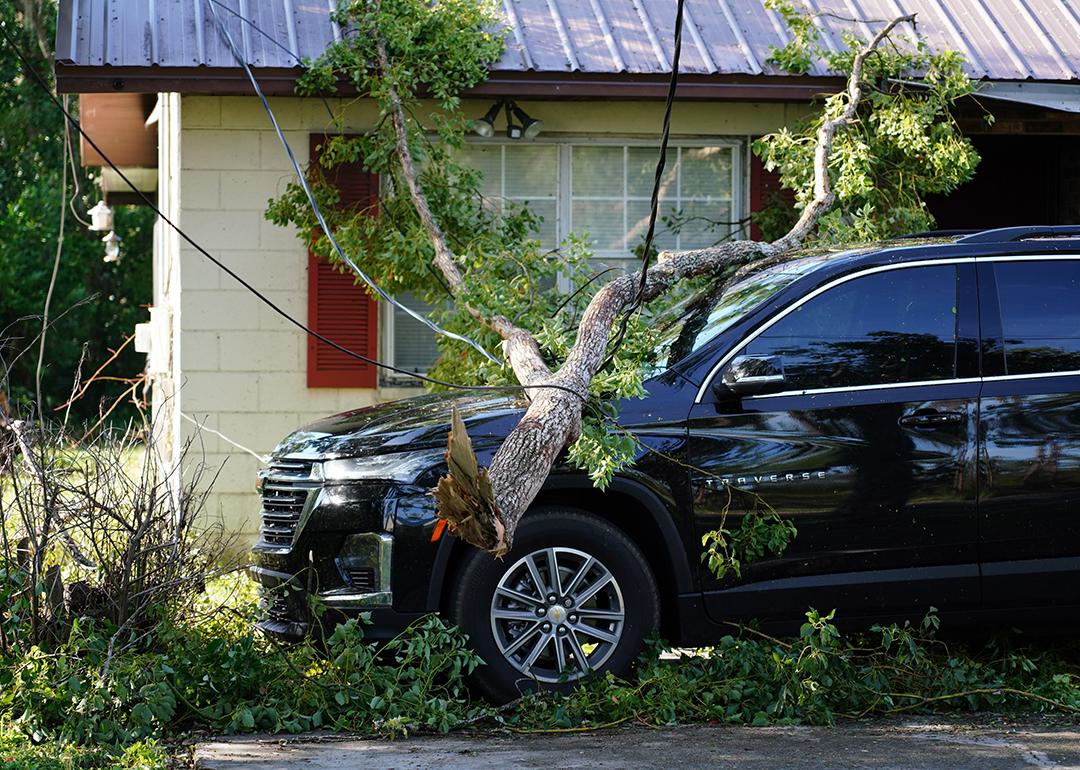A tree branch that fell on top of an SUV after Hurricane Helene.