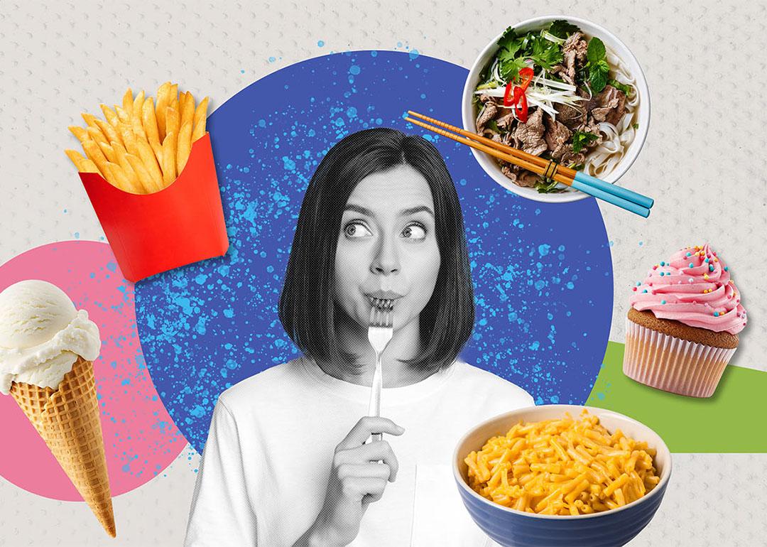 A custom collage of a woman illustrated with different types of comfort food.