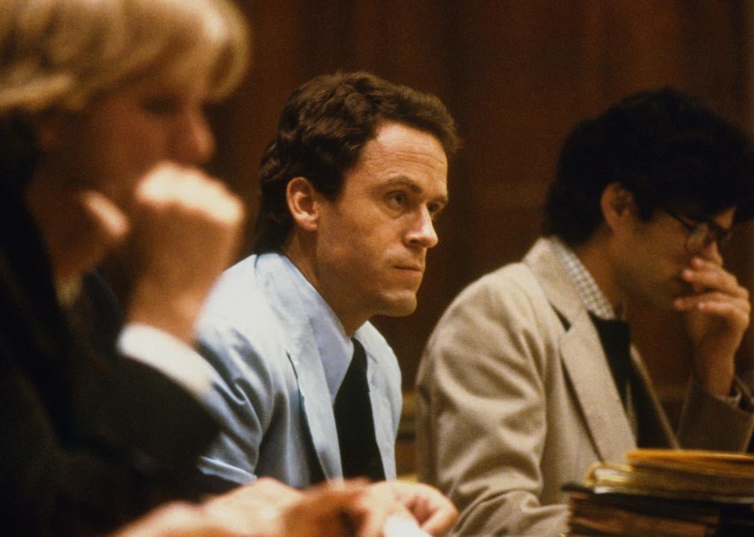 Theodore Bundy, seated in court, charged with the killings of two FSU coeds.