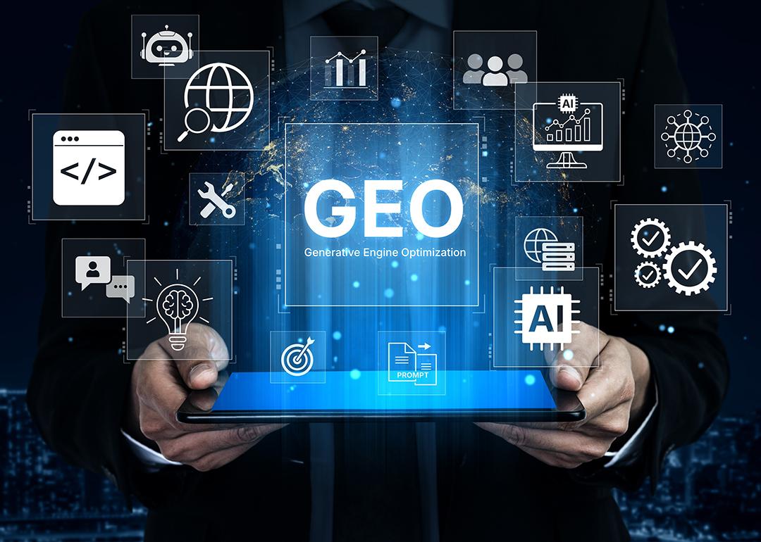 A digital marketing concept featuring GEO strategy for content optimization and AI search engines.