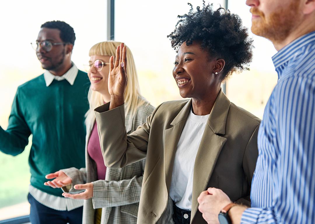 A diverse business team engaging in a meeting.