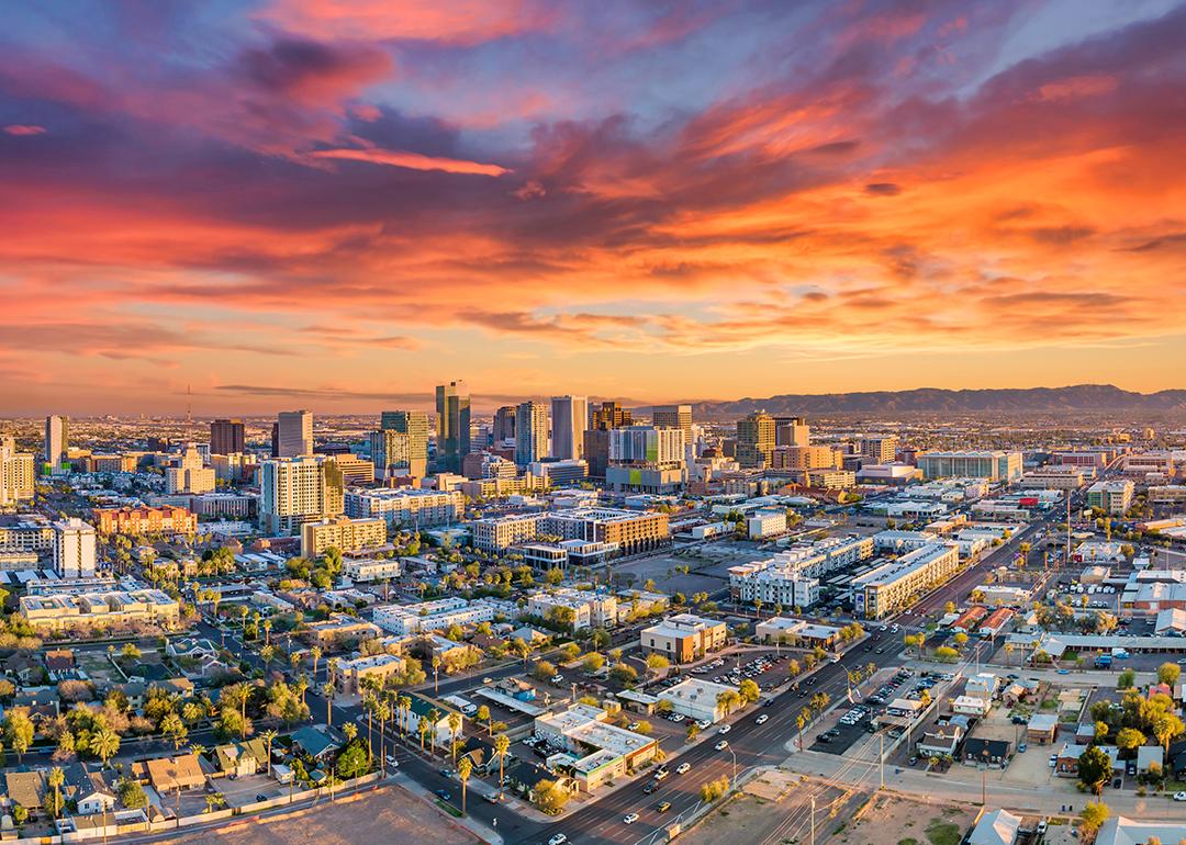 An aerial view of Phoenix's downtown skyline in Arizona during sunset.