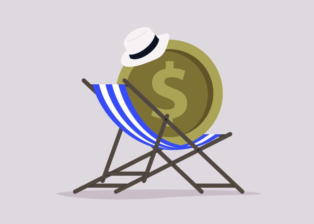 A vacation budget concept illustration of a dollar coin sitting on a beach chair.