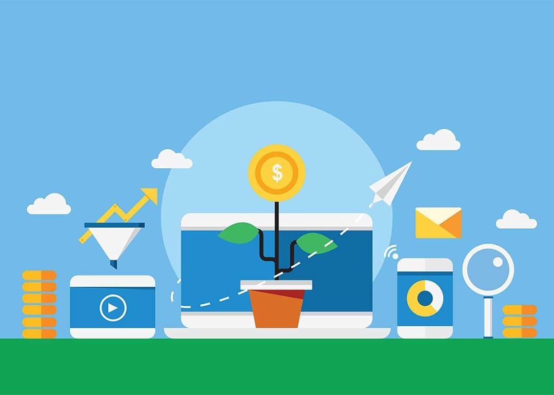 Lead nurturing concept illustrated by icons symbolizing sales leads like a funnel, conversion and a flowering plant with a dollar sign representing sales.