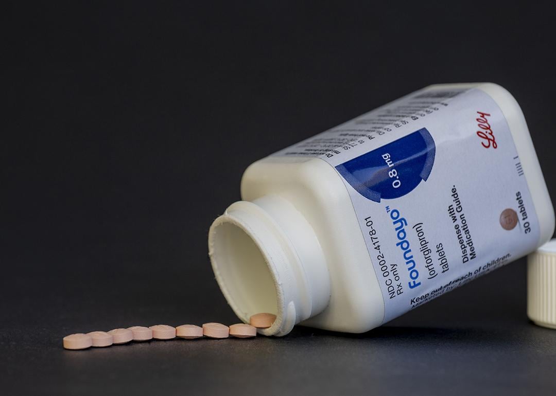 Foundayo weight loss pills neatly spilled from its bottle.