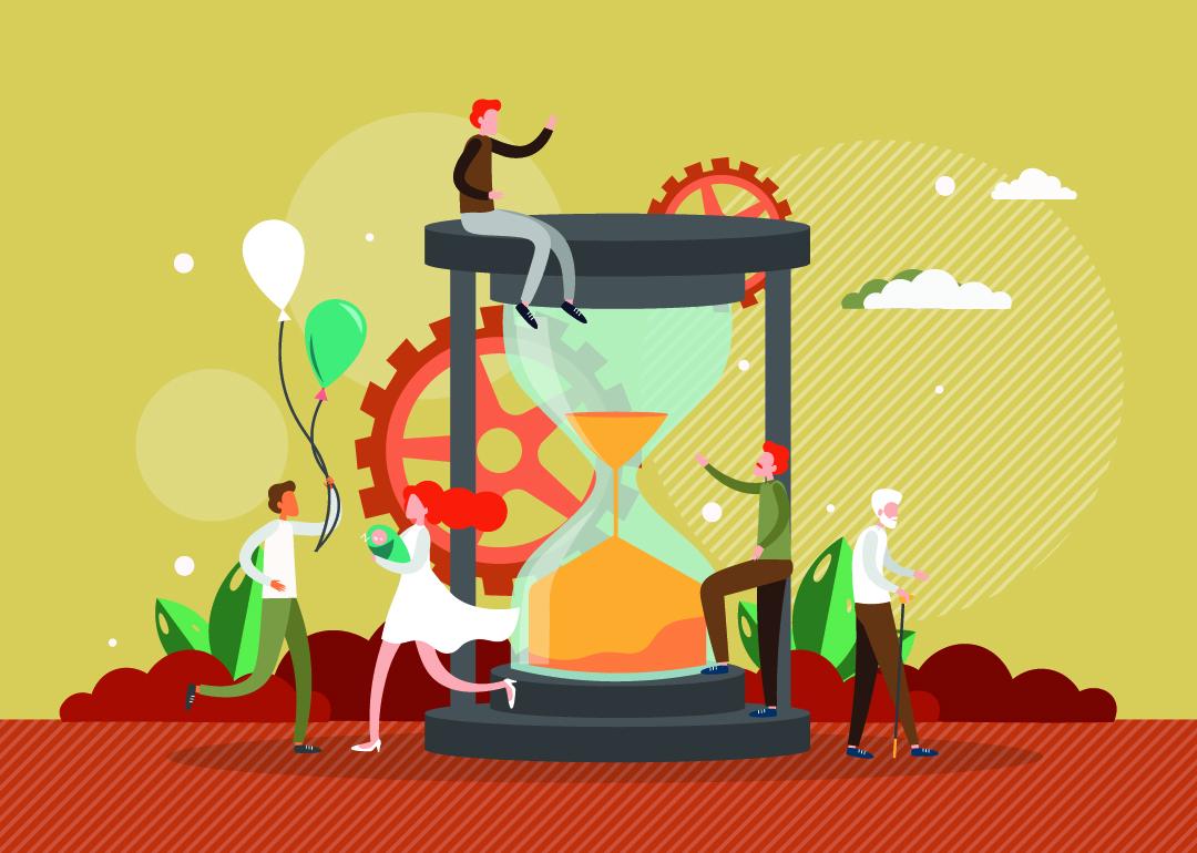 A vector illustration of humans of different ages surrounding an hourglass timer as a concept of aging.