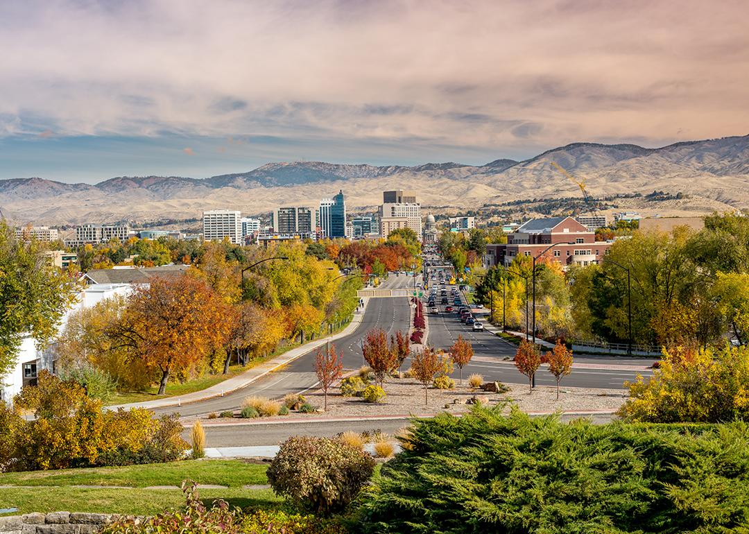 A view of the Boise, Idaho capital roads and trees during the fall season.