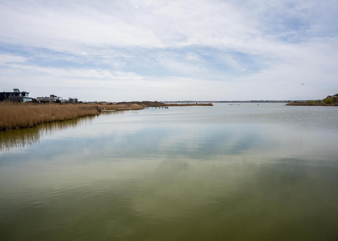 A view of the calm waters of Mecox Bay where Vibrio vulnificus, a deadly flesh-eating bacteria, is found on April 29, 2026, in Southampton, New York.