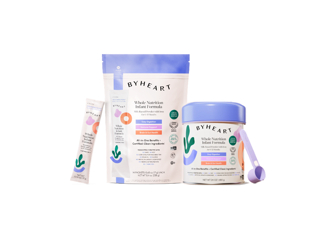 An assortment of ByHeart infant formula products.