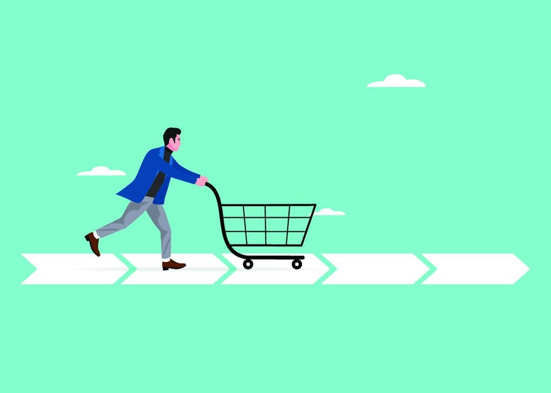 A vector illustration of a customer running a straight dash line with a grocery cart as a concept of customer journey.