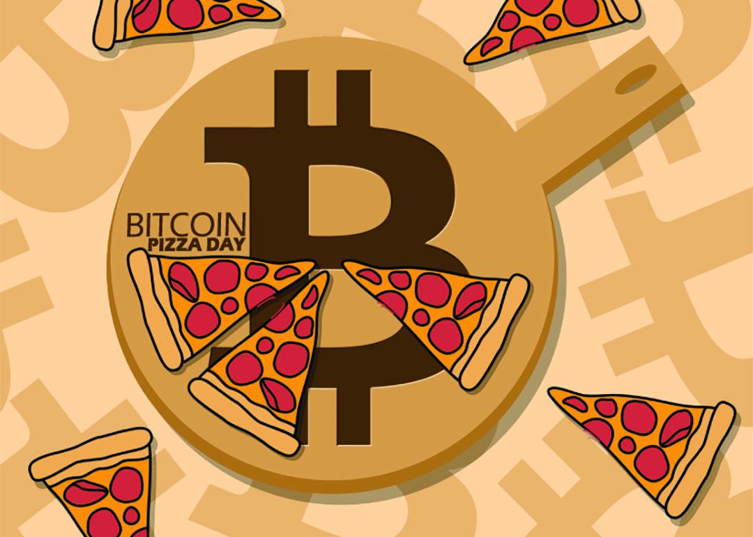 A bitcoin-labeled pan and pizza slices as an event banner for the Bitcoin Pizza Day.