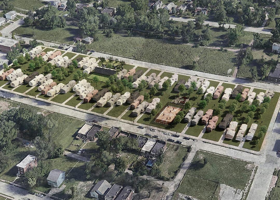An image of North St. Louis, taken from Google Earth, showing how vacant land can be repurposed using precast concrete homes.