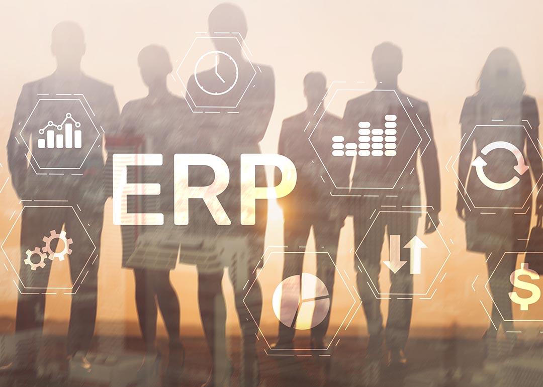 Silhouette of a business group illustrated with ERP graphics as a concept of business automation.