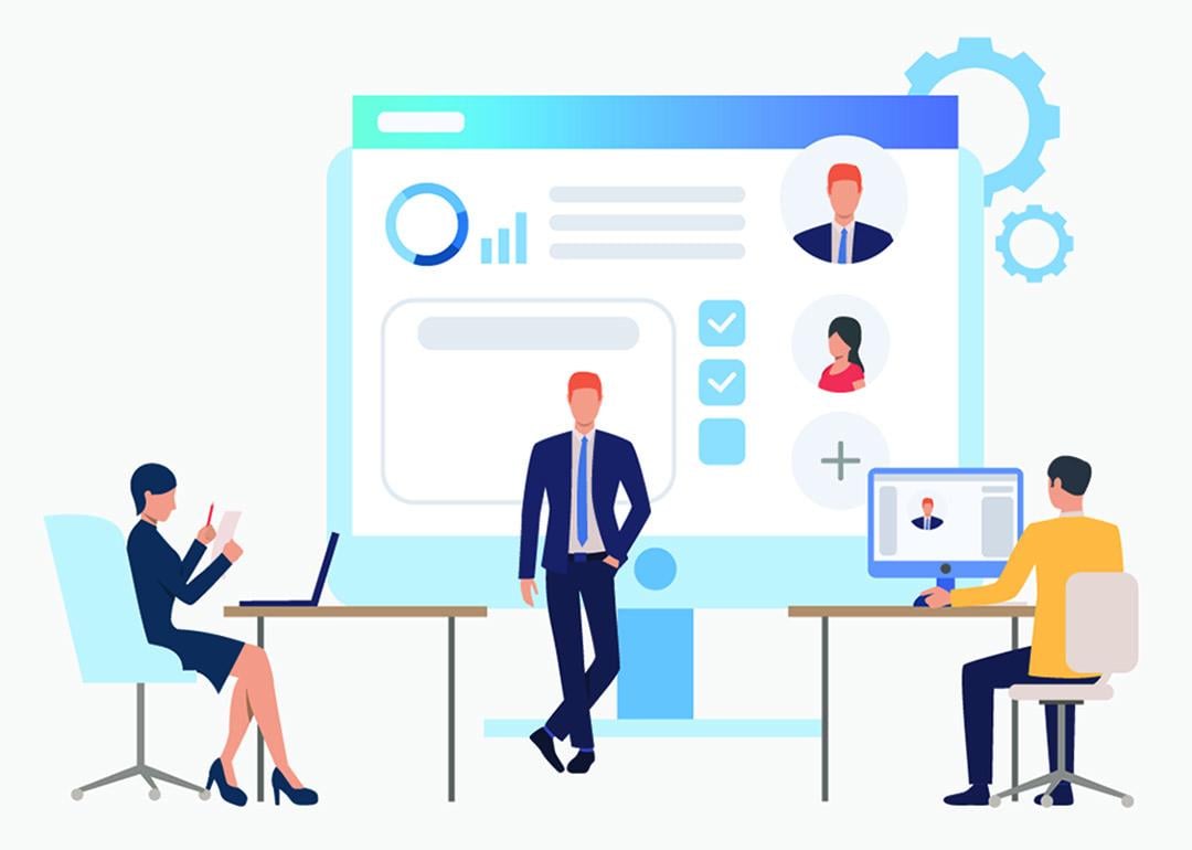 An illustration of a modern employment concept with hiring officers and job candidates.
