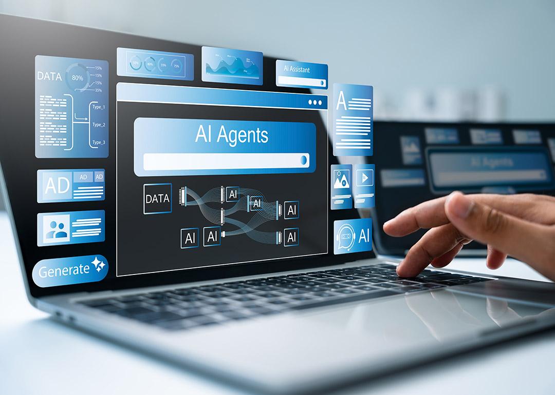 An AI agents software supporting tasks and workflows displayed from a laptop screen.