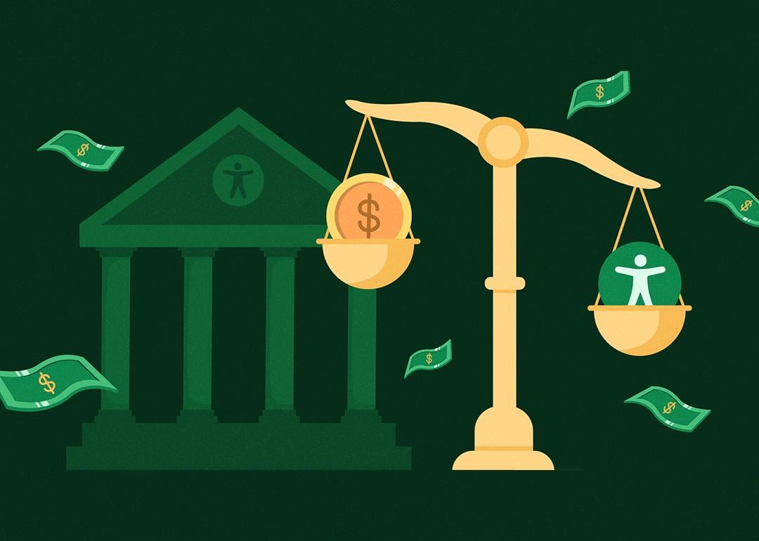 A custom illustration of a bank and a scale showing the concept of economic stability or balancing wealth.