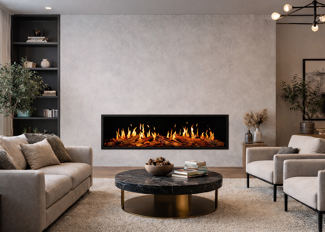 A modern living room space with a built-in linear electric fireplace.