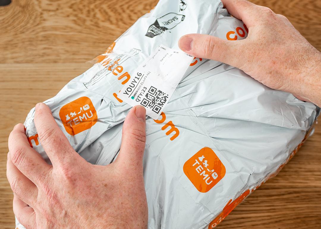 Person holding a package from Temu.