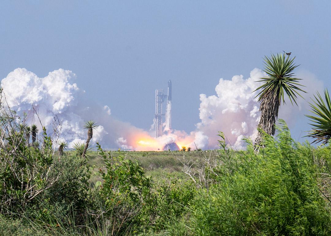 SpaceX Starship V3 launching from Starbase in Boca Chica Beach, Texas, USA.