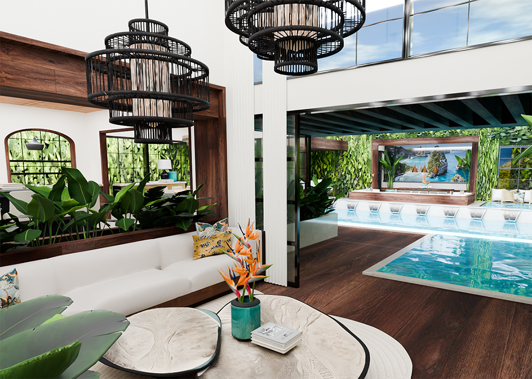 A tropical Balinese open-plan space by Bleu Canard Design.