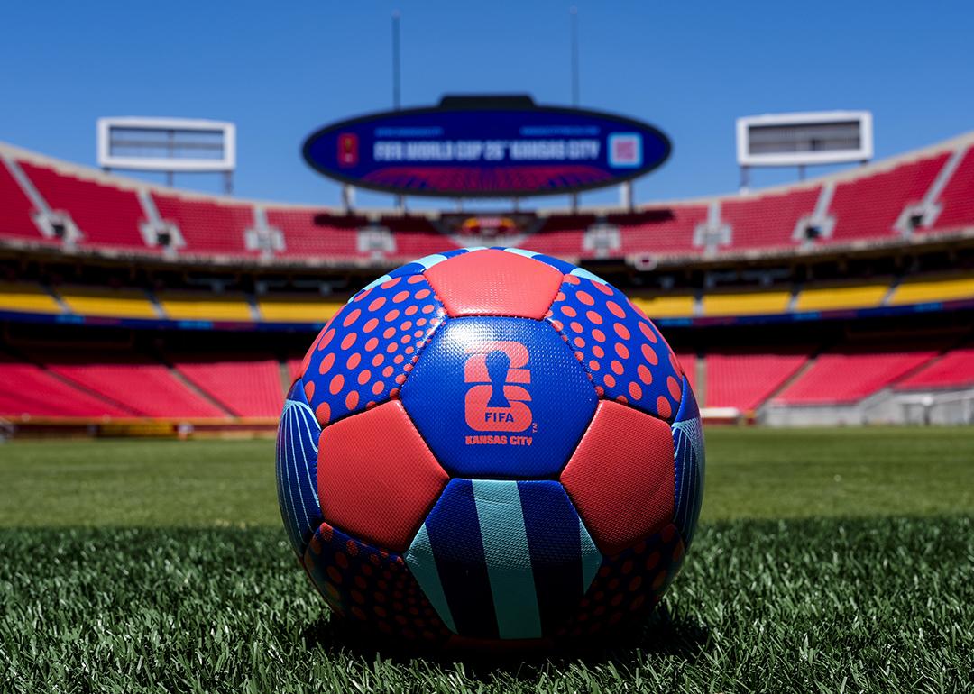 A detailed view of a ball on the pitch at Arrowhead Stadium ahead of the 2026 World Cup at Kansas City Stadium on May 11, 2026 in Kansas City, Missouri.