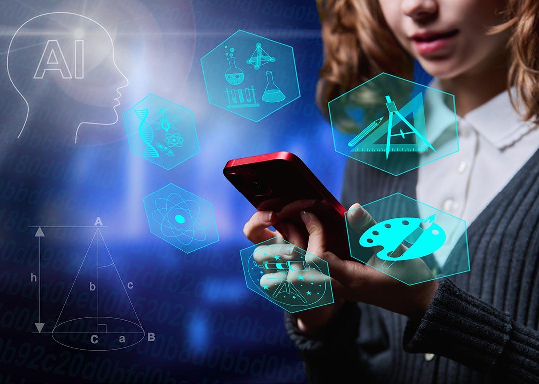 A pre-teenage girl using a smartphone illustrated with AI graphics.