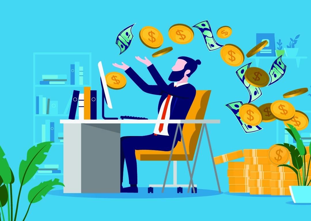 A vector illustration of a businessman getting paid working from home.