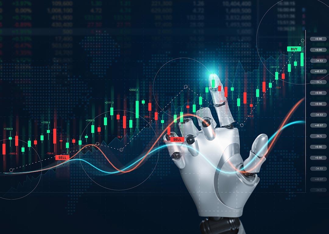 An artificial intelligence (AI) tool analyzing a stock market through a smart robot automation technology.