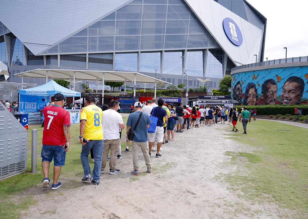 Attendees queueing for the fan mart at the 2026 FIFA World Cup Trophy Tour in Atlanta, Georgia, USA.