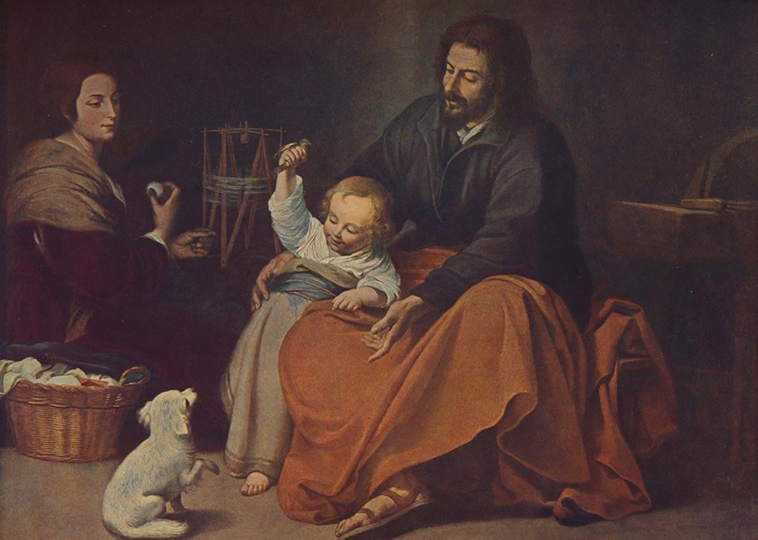 An oil painting on canvas of the La Sagrada Familia (The Holy Family with a Little Bird) by the Spanish Baroque painter Bartolomé Esteban Murillo.