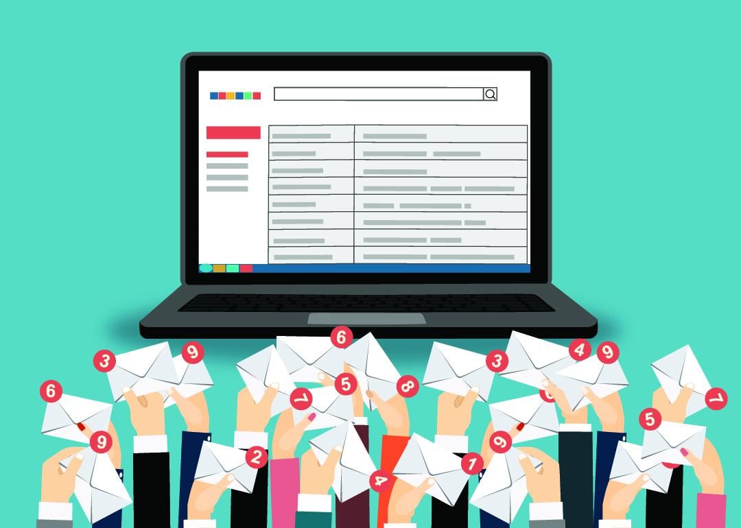 A vector illustration of many hands holding messages in envelopes, trying to reach a business' inbox.