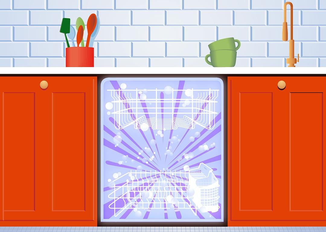 An illustration of a dishwasher compartment installed with cabinets, tiled backsplash, and countertop with kitchen tools.