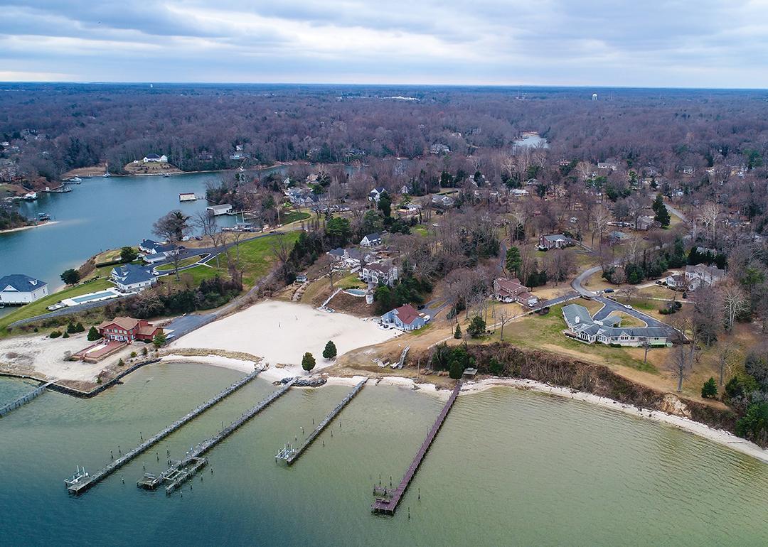 Aerial view of waterfront houses in St. Mary's County, part of the Solomon Islands in Lexington Park, Maryland.