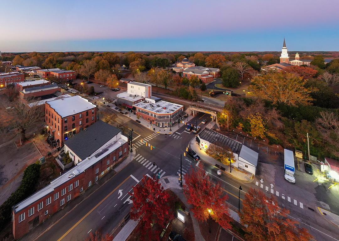 Aerial view of downtown Wake Forest in North Carolina during sunrise.
