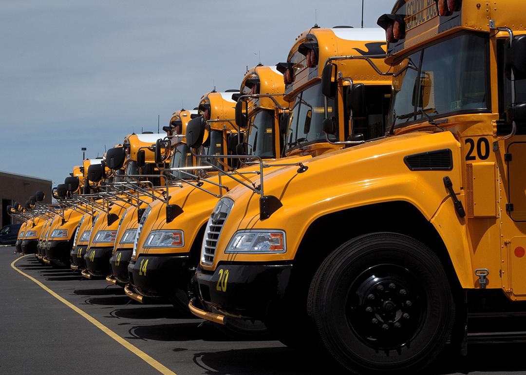 A row of yellow school buses in a parking lot.