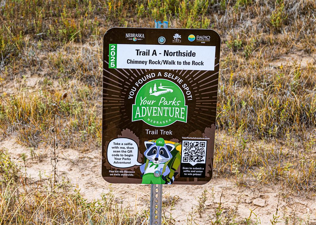 A sign with a QR code on the trail at Chimney Rock National Historic Site in Nebraska