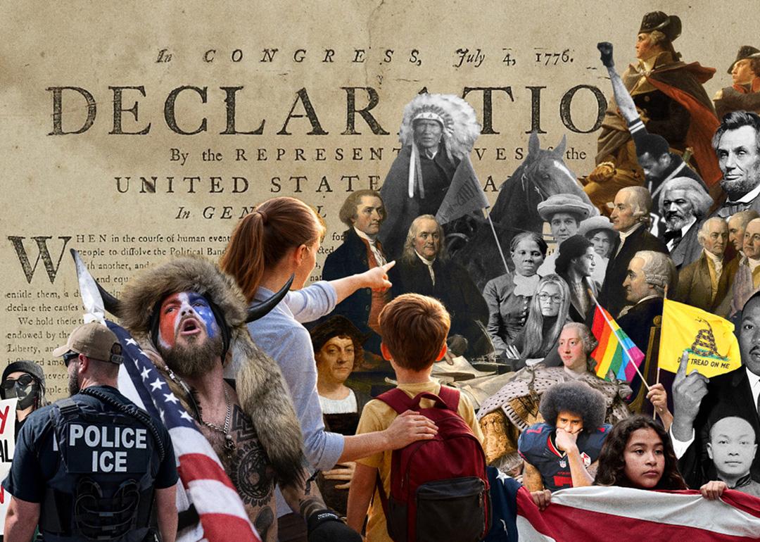 A digital collage artwork featuring the United States Declaration of Independence with overlapped cutout images of famous American history figures, peoples, and symbols.