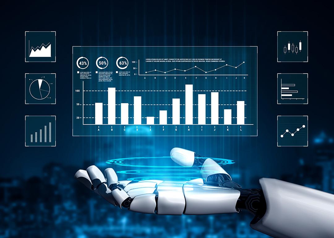 An AI interface showing financial analysis charts and stock market reporting utilized by an AI robot.
