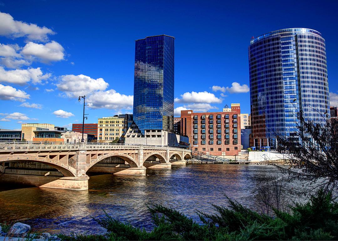 A view of Downtown Grand Rapids skyline and Grand River in Michigan, USA.