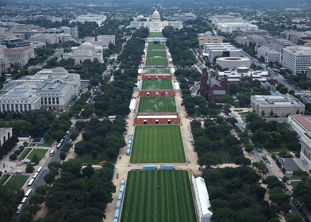 The National Mall is shown as preparations begin for the Great American State Fair on June 8, 2026 in Washington, DC.