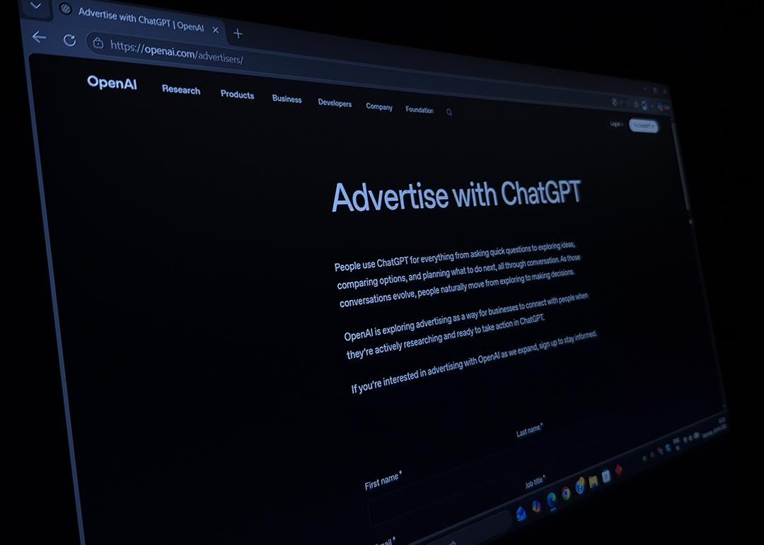 Close up image of the official OpenAI webpage displaying the option to "Advertise With ChatGPT".