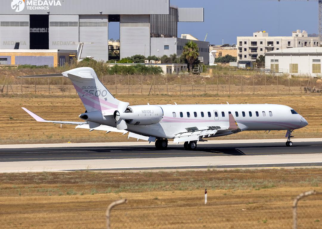 Kylie Jenner's Bombardier Global 7500 private plane on an airport runway.