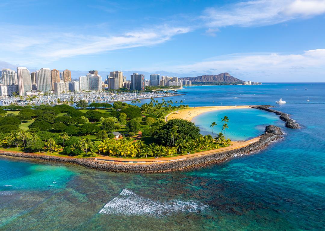 Aerial view of the Diamond Head crater in Honolulu, Hawaii.